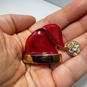 Red Enamel Santa Hat Brooch • Gold Tone Brim • Holiday Sparkly Christmas Pin